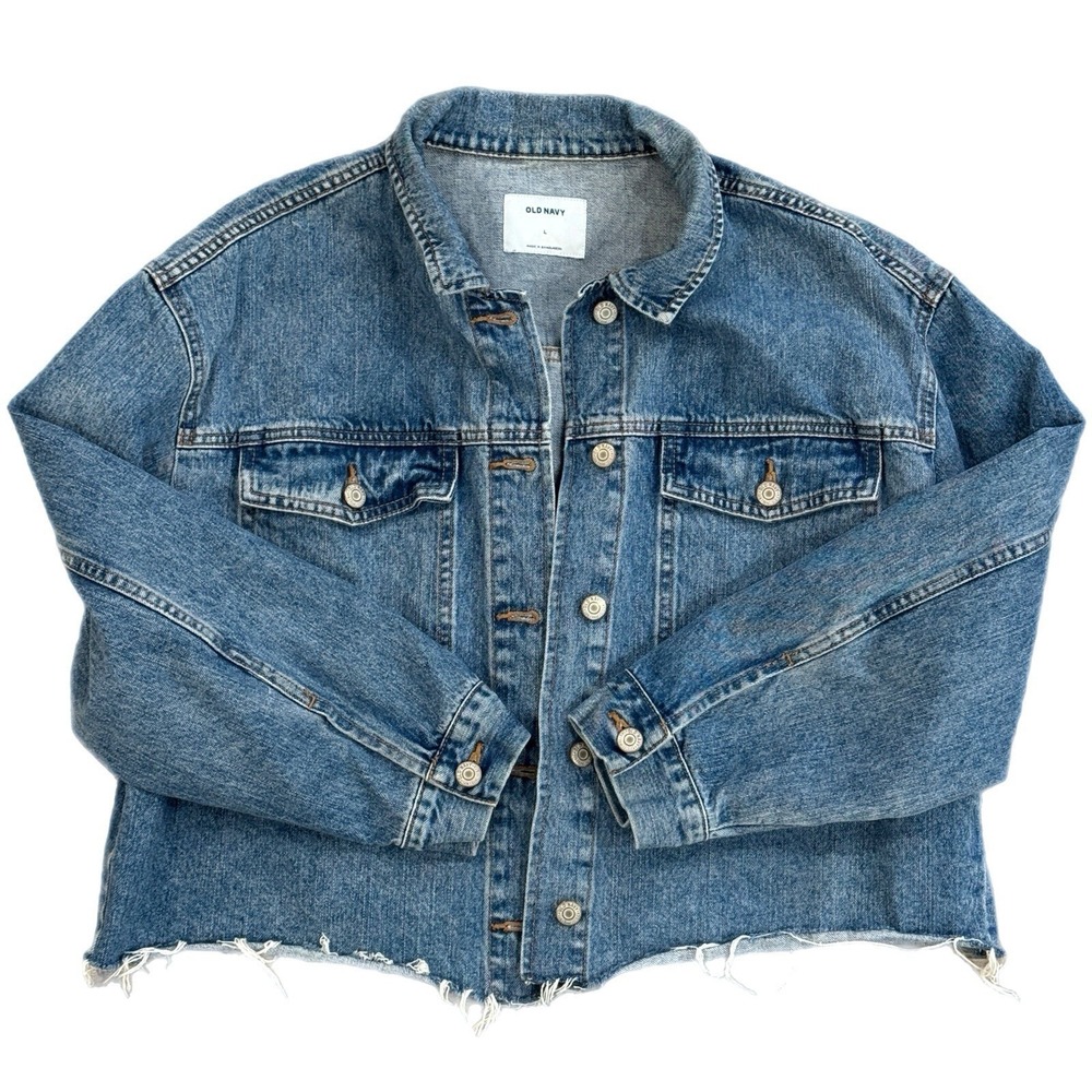 Old Navy Cropped Denim Trucker Jacket Medium Wash Raw Hem Women's Large